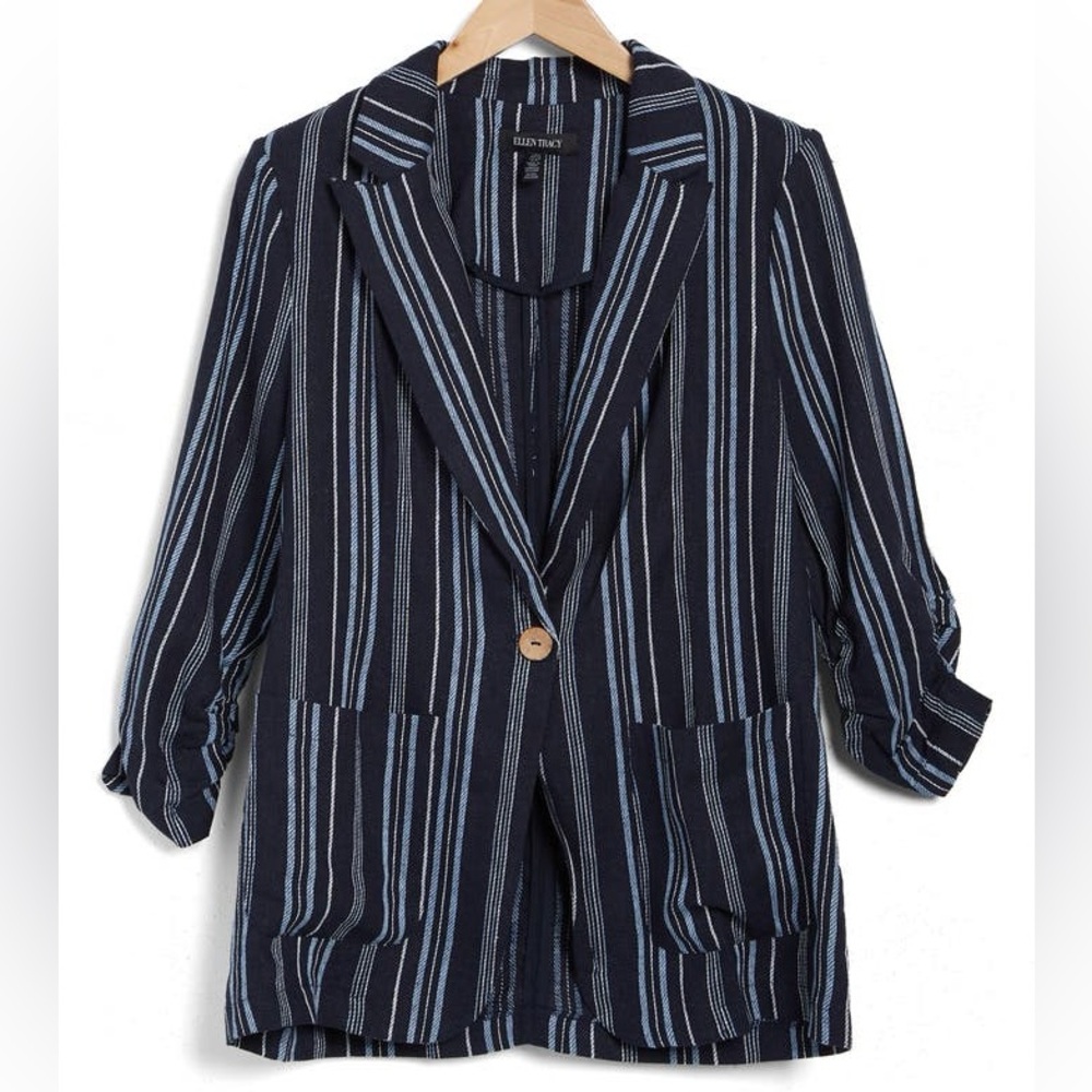 Ellen Tracy Women's Navy Striped Linen Jacket- Medium